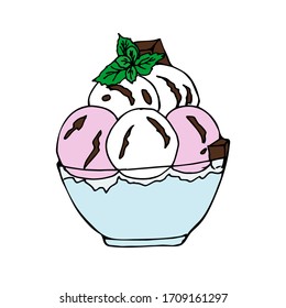 Cold ice cream in a glass vase with pieces of chocolate and a sprig of mint.
Colorful vector illustration.