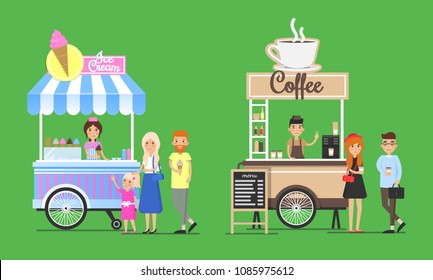 Cold ice cream and hot coffee street carts set. Summer snack warm beverage sold from trolley. Tasty bars on wheels isolated vector illustrations