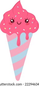Cold ice cream, sweet food, bright funny kawaii, cartoon style, dessert in paper cup, flat vector illustration, isolated on white.