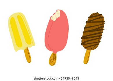 Cold Ice creams on sticks in flat style. Summer vacation vector illustration with fruit, chocolate and glazed ice cream isolated on white background. Good for decoration, stickers and logo