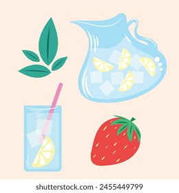 Cold ice drink in glass with lemon and ice cubes. Refreshing lemonade illustration