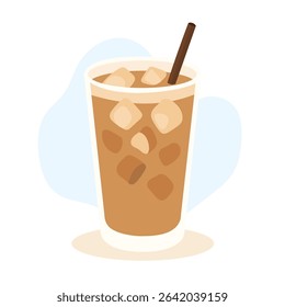 A cold ice latte served in a transparent glass filled with ice cubes, accompanied by a straw, ideal for cooling off on a sunny day.