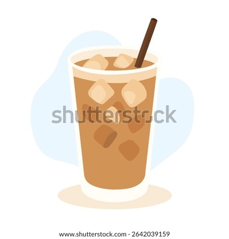 A cold ice latte served in a transparent glass filled with ice cubes, accompanied by a straw, ideal for cooling off on a sunny day.