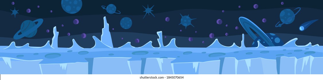 Cold ice planet. Game background. Seamless pattern. Landscape panorama. Unending vector flat. Horizontal banner. Antarctica winter.