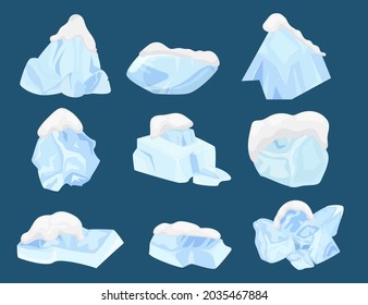 Cold ice set, winter frost , vector illustration. Crystal blue block design, freeze water collection and clean iceberg piece. Cool arctic shape