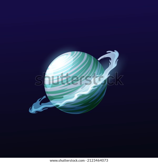 Cold ice space planet with snow ring. Sci-Fi game\
UI deep space galaxy planet icon with icy surface, gas, smoke or\
smog ring on orbit. Alien artificial world or comic moon, fantastic\
planet