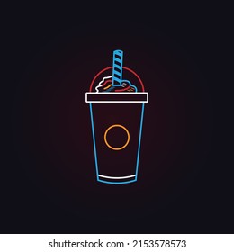 Cold ice tea neon icon. Drink cup with straw. Summer concept. Emblem for bar, shop and cafe.