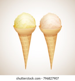 Cold ice-cream in the waffer cone. Realistic vector illustration. Summer dessert. 