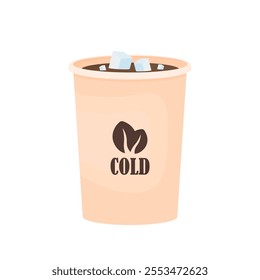 Cold iced coffee in a take-out paper cup in cartoon style on a white background. An invigorating drink in hot weather.