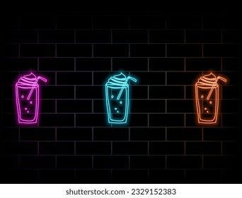 Cold iced tea neon icon. Beverage glass with straw. Summer concept. Emblem for bar, shop and cafe. Glowing signboard at night. Outdoor glowing effect banner. Editable stroke.