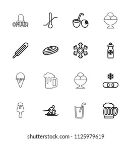 Cold icon. collection of 16 cold outline icons such as snowflake, hockey puck, energy drink, themometer, thermometer, beer mug, skiing. editable cold icons for web and mobile.