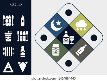 cold icon set. 13 filled cold icons.  Collection Of - Drink, Air, Handkerchief, Radiator, Beer bottle, Soda, Ski, Thermometer, Rain, Night, Can