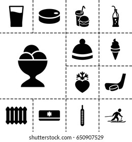 Cold icon. set of 13 filled coldicons such as winter hat, ice cream, ice cream ball, burger and drink, heart frozen, thermometer, soda bottle, drink, air conditioner, radiator