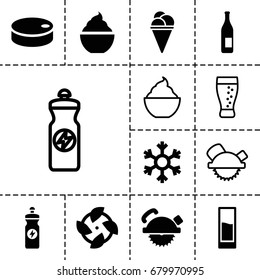 Cold icon. set of 13 filled and outline cold icons such as saw blade, ice cream, energy drink, milkshake, drink, snowflake, hockey puck, soda, bottle
