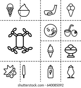 Cold icon. set of 13 outline coldicons such as ice cream, ice cream on stick, milkshake, cold and hote mode, drink coconut, energetic drink, hockey stick and puck, sick emot
