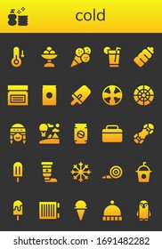 cold icon set. 26 filled cold icons.  Simple modern icons such as: Temperature, Wash, Ice cream, Drink, Plastic bottle, Cream, Soda, Popsicle, Propeller, Color wheel, Fan, Sky