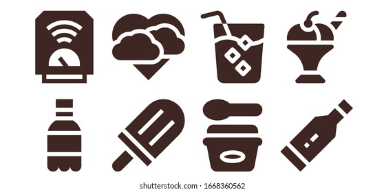 cold icon set. 8 filled cold icons.  Simple modern icons such as: Soda, Heater, Popsicle, Storm, Ice cream, Drink, Thermometer