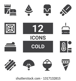 cold icon set. Collection of 12 filled cold icons included Ice cream, Fan, Skii, Heat, Cream, Chairlift, Popsicle, Cooler, Scarf
