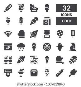cold icon set. Collection of 32 filled cold icons included Ice cream, Thermometer, Fridge, Mitten, Aurora, Penguin, Iceberg, Radiation, Rain, Cream, Fan, Water machine, Juice