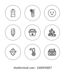 Cold icon set. collection of 9 outline cold icons with cream, drink, ice cream, iceberg, lemonade, portable fridge, sick, snowboard icons. editable icons.
