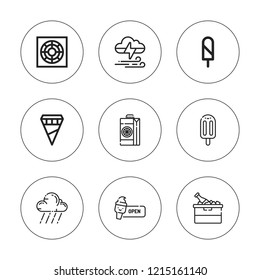 Cold icon set. collection of 9 outline cold icons with cooler, juice, ice cream, ice bucket, rain, popsicle icons. editable icons.