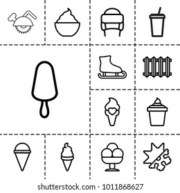 Cold icons. set of 13 editable outline cold icons such as winter hat, ice cream, ice cream on stick, milkshake, cold and hote mode, radiator, saw blade