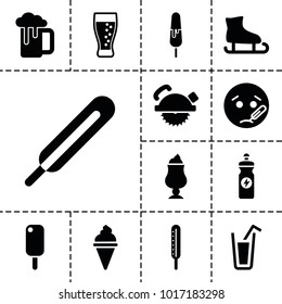 Cold icons. set of 13 editable filled cold icons such as saw blade, sick emot, ice cream, energy drink, ice skating, themometer, soda, drink, beer mug, ice cream on stick