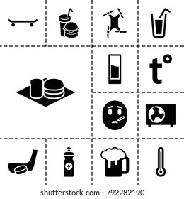 Cold icons. set of 13 editable filled cold icons such as beer mug, energy drink, soda and burger, burger and drink, skating, drink, air conditioner, temperature