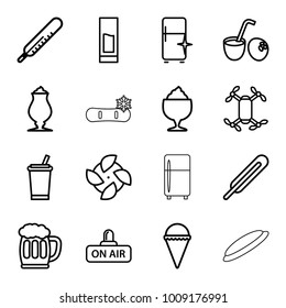 Cold icons. set of 16 editable outline cold icons such as thermometer, clean fridge, drink, fan, ice cream, milkshake, themometer, axle with propeller, open air, beer mug