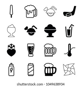 Cold icons. set of 16 editable filled and outline cold icons such as ice cream, thermometer, heart frozen, soda, beer mug, hockey stick and puck, ice cream on stick