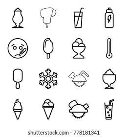 Cold icons. set of 16 editable outline cold icons such as saw blade, sick emot, ice cream, ice cream on stick, ice cream ball, milkshake, soda, drink, snowflake