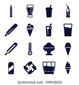 cold icons set. Set of 16 cold filled icons such as thermometer, ice cream, themometer, soda bottle, drink, soda, beer can
