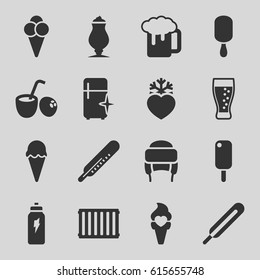 Cold icons set. set of 16 cold filled icons such as thermometer, clean fridge, winter hat, beer mug, ice cream on stick, milkshake, themometer, ice cream, heart frozen, soda