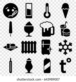 Cold icons set. set of 16 cold filled icons such as clean fridge, sick emot, beer mug, ice cream on stick, milkshake, soda and burger, burger and drink, thermometer, drink