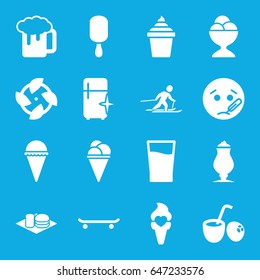 Cold icons set. set of 16 cold filled icons such as clean fridge, sick emot, beer mug, ice cream, ice cream on stick, milkshake, soda and burger, drink, skiing, drink coconut