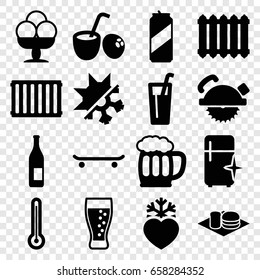 Cold icons set. set of 16 cold filled icons such as clean fridge, saw blade, soda and burger, heart frozen, soda, beer mug, ice cream, cold and hote mode, radiator