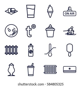 cold icons set. Set of 16 cold outline icons such as ice cream, ice cream on stick, ice cream in can, energy drink, milkshake, soda and burger, thermometer, open air, drink
