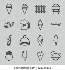 Cold icons set. set of 16 cold outline icons such as winter hat, saw blade, ice cream, ice cream on stick, soda, heart frozen, radiator, beer mug, skating