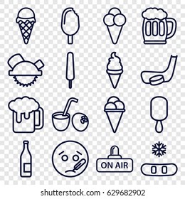 Cold icons set. set of 16 cold outline icons such as saw blade, ice cream, ice cream on stick, open air, beer mug, drink coconut, hockey stick and puck, sick emot, bottle