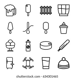 Cold icons set. set of 16 cold outline icons such as thermometer, clean fridge, winter hat, ice cream on stick, ice cream in can, energy drink, drink, ice cream, radiator