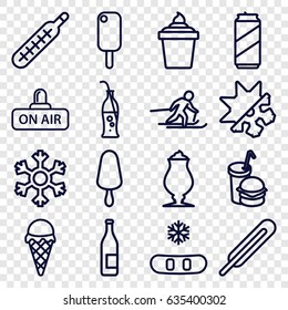 Cold icons set. set of 16 cold outline icons such as ice cream on stick, ice cream in can, milkshake, burger and drink, themometer, open air, thermometer, soda bottle