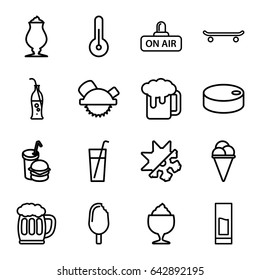 Cold icons set. set of 16 cold outline icons such as saw blade, ice cream, milkshake, burger and drink, open air, soda bottle, drink, beer mug, temperature, cold and hote mode