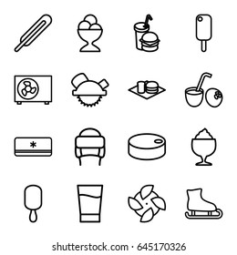 Cold icons set. set of 16 cold outline icons such as winter hat, saw blade, ice cream on stick, ice cream ball, milkshake, soda and burger, burger and drink, themometer, drink