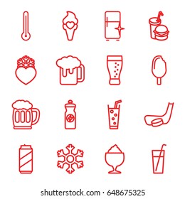 Cold icons set. set of 16 cold outline icons such as clean fridge, energy drink, milkshake, soda, burger and drink, ice cream, heart frozen, beer mug, snowflake, thermometer