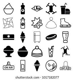 Cold icons. set of 25 editable filled and outline cold icons such as ice cream, hockey puck, axle with propeller, air conditioner, winter hat, sick emot, energy drink