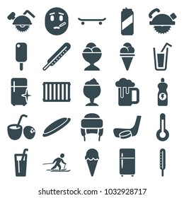 Cold icons. set of 25 editable filled cold icons such as clean fridge, winter hat, saw blade, ice cream, ice cream ball, skating, drink, temperature, radiator, skiing