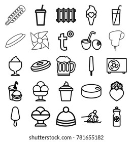 Cold icons. set of 25 editable outline cold icons such as winter hat, ice cream, hockey puck, ice cream on stick, ice cream in can, energy drink, milkshake, burger and drink