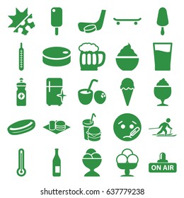 Cold icons set. set of 25 cold filled icons such as clean fridge, sick emot, ice cream on stick, ice cream ball, energy drink, milkshake, soda and burger, burger and drink