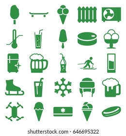 Cold icons set. set of 25 cold filled icons such as clean fridge, winter hat, beer mug, ice cream on stick, ice cream, soda, thermometer, soda bottle, drink, snowflake