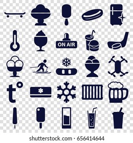 Cold icons set. set of 25 cold filled icons such as clean fridge, ice cream on stick, ice cream ball, milkshake, soda, burger and drink, open air, drink, beer mug, ice cream